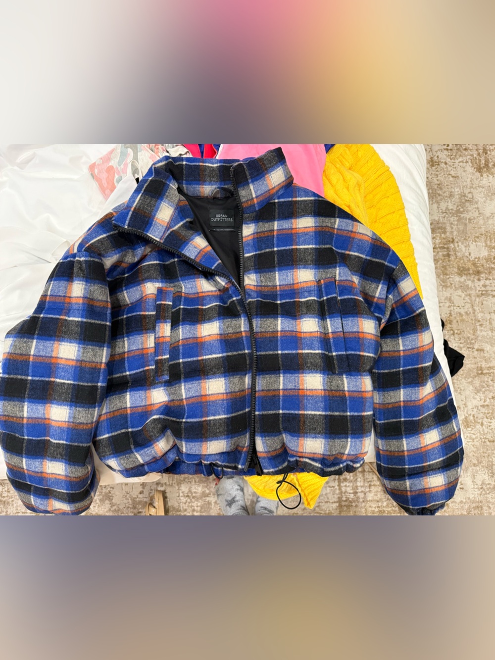 Urban Outfitters Blue Black Orange Plaid Bomber Jacket